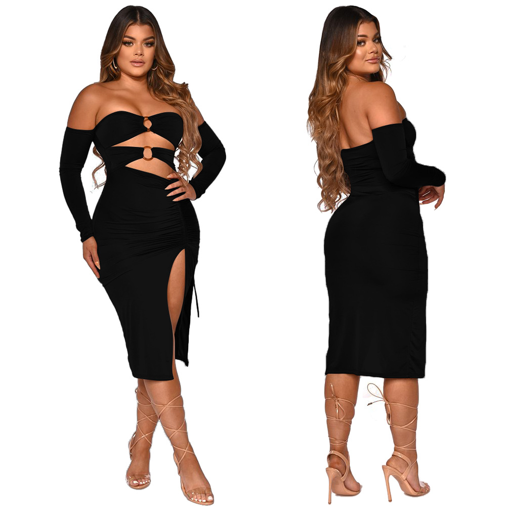 Solid Color Tube Top Hollow Off-Shoulder Long-Sleeved Package Hip Slit Dress NSMYF99293