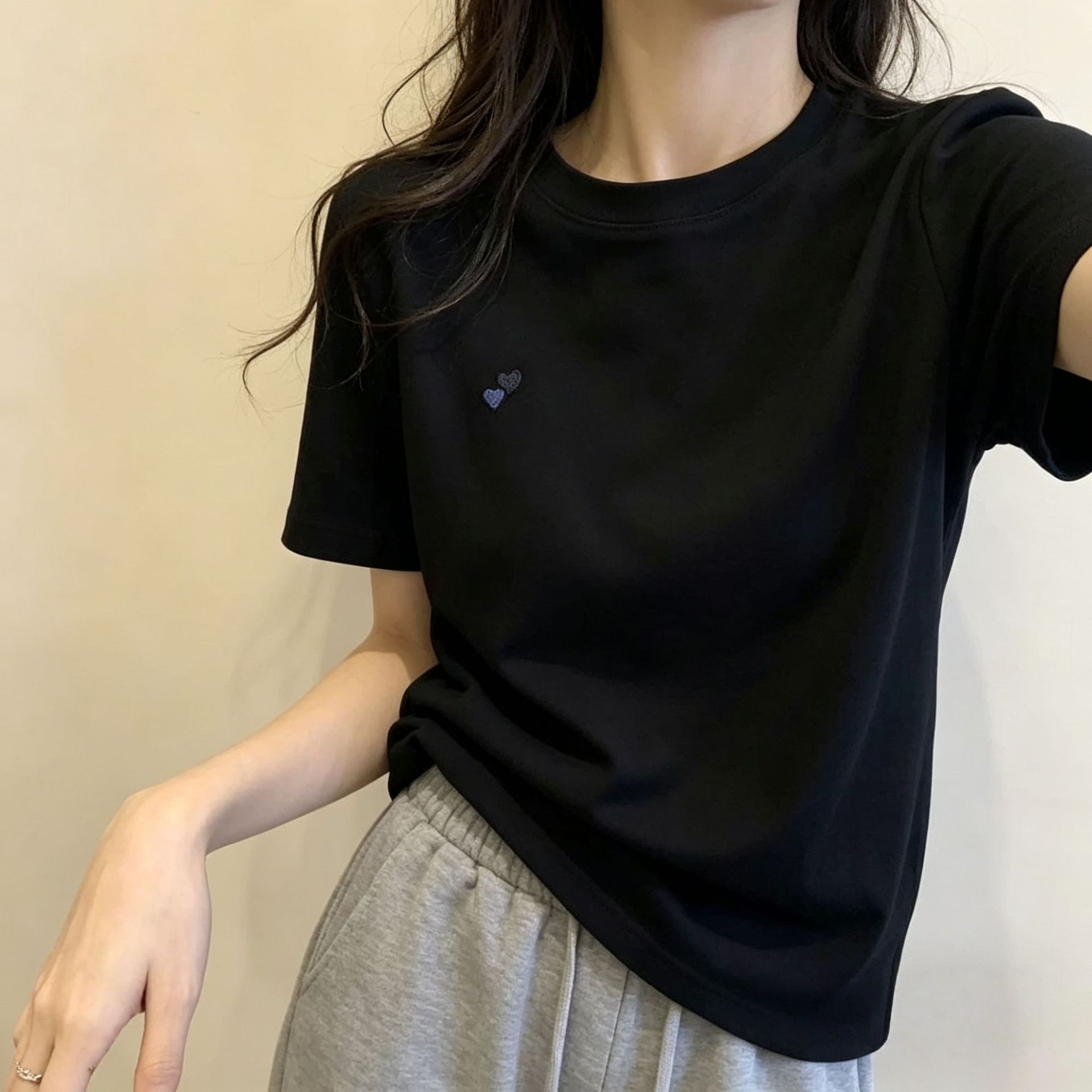 Áo thun nữ cổ tròn tay ngắn thêu hình trái tim phong cách châu Âu — xanh lam chi tiết 5