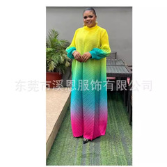 ミサキの三宅のしわの新型の丸首のグラデーションは色の灯籠の袖のワンピースの婦人服の大きいサイズのDressにぶつかってクロスボーダーします。