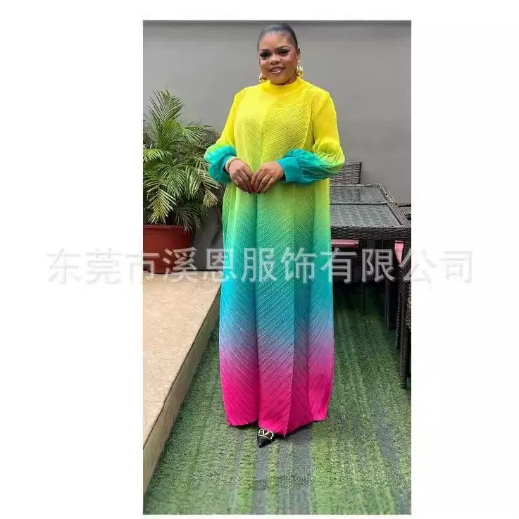 Miyaki三宅褶皱新款圆领渐变撞色灯笼袖连衣裙女装大码Dress跨境