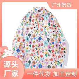 跨境外贸多巴胺彩色趣味印花长袖衬衫外套男女春秋ins潮牌花衬衣