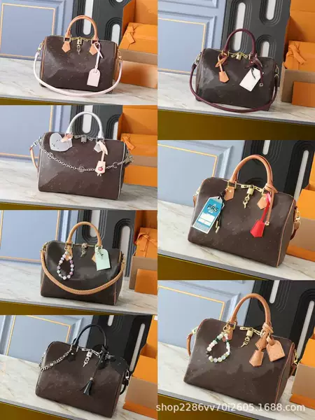 New classic speedy30 Boston bag with pendant, vintage pattern handbag, versatile shoulder and crossbody bag, large capacity