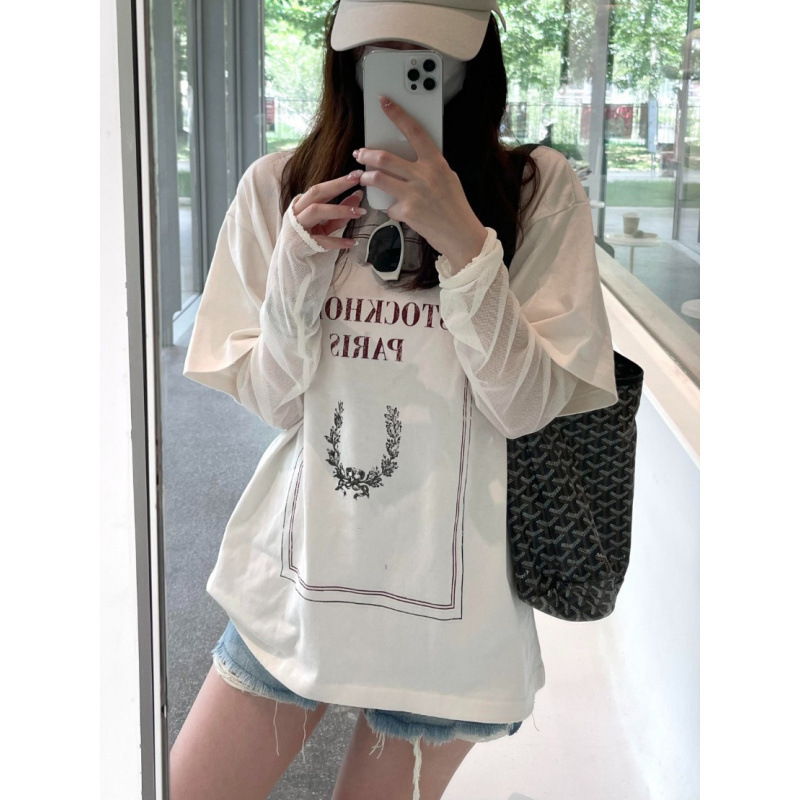 26 Spring and Summer New Style Retro Distressed Letter Print Spliced Lace Mesh Loose Fake Two-Piece Long-Sleeved T-Shirt 26 Spring and Summer New Style Retro Distressed Letter Print Spliced Lace Mesh Loose Fake Two-Piece Long-Sleeved T-Shirt