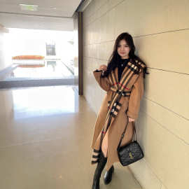 B家经典格纹大衣大衣100%羊毛女秋冬新款双面羊毛大衣