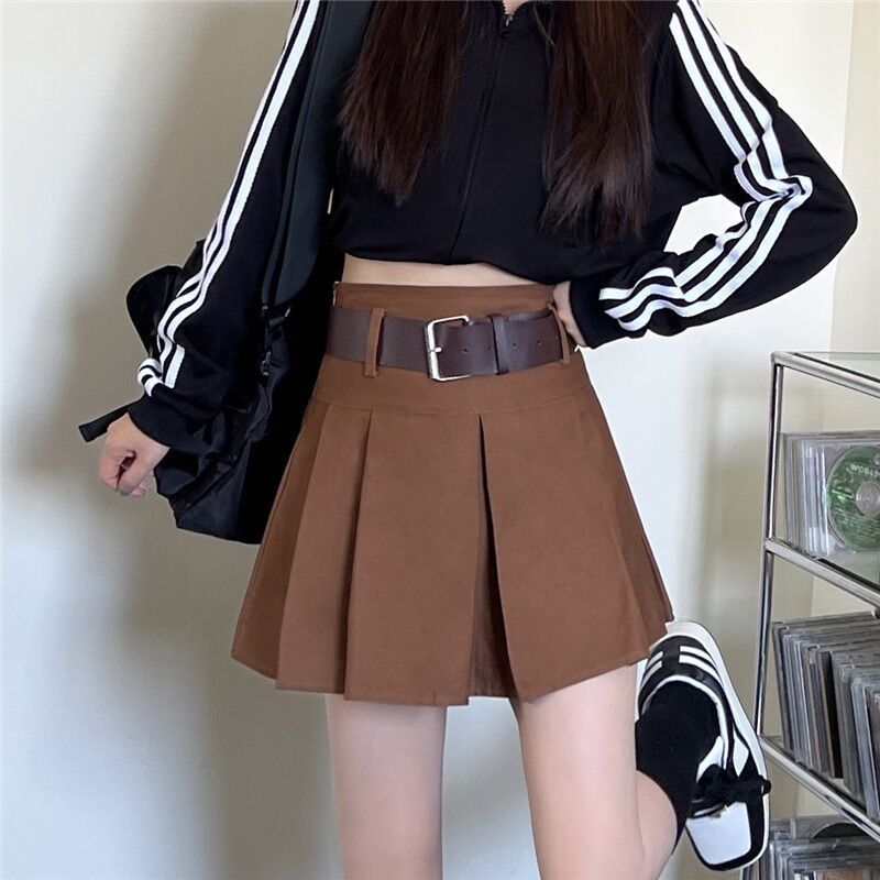 Retro campus style pleated skirt spring women's high waist versatile umbrella skirt slim workwear skirt with belt 3173