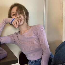 修身复古条纹长袖打底衫女韩版短款显瘦内搭圆领T恤上衣马海毛
