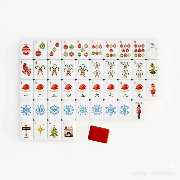 In stock - No. 32, four-layer acrylic red Christmas-themed American mahjong set, mini travel-sized, hand-crafted Jewish mahjong