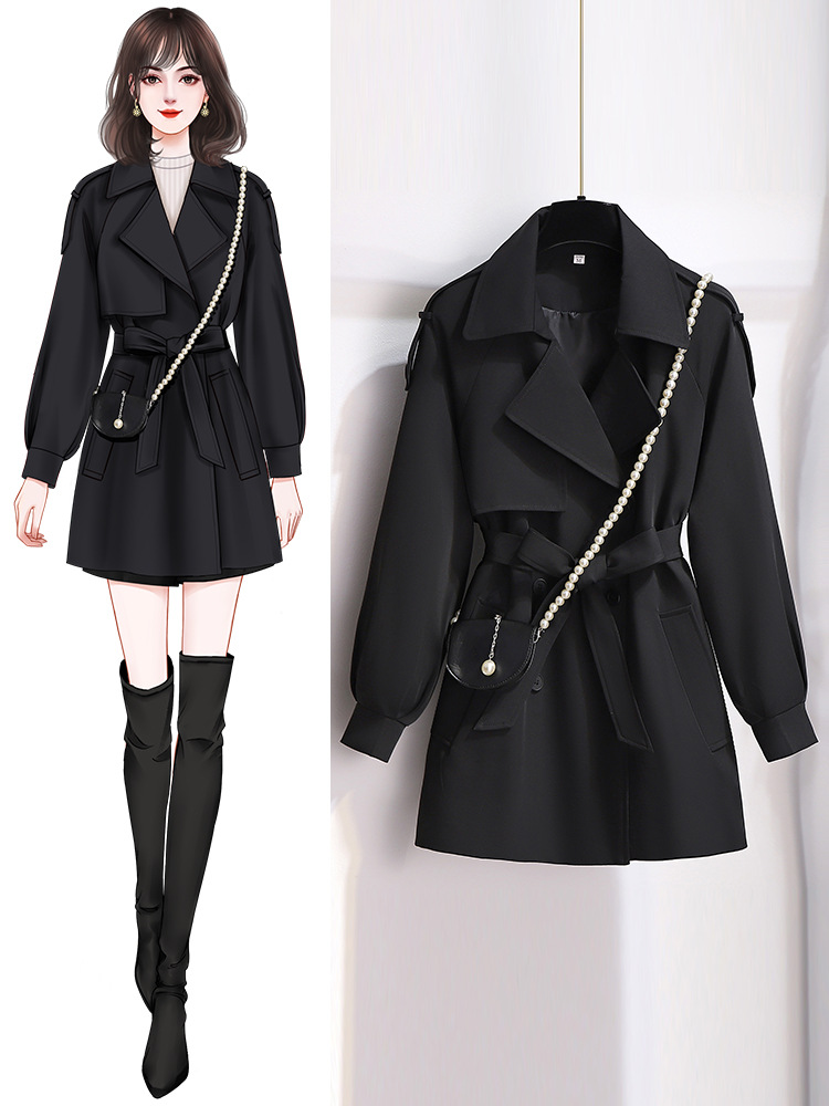Black Women's Short Trench Coat 2025 New Small Spring Autumn Mid-Length Elegant High-End Autumn Clothes
