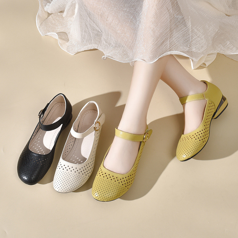 Giày sandal nữ đế xuồng mùa hè da thật thoáng khí mũi tròn bít mũi khoét lỗ — Màu đen