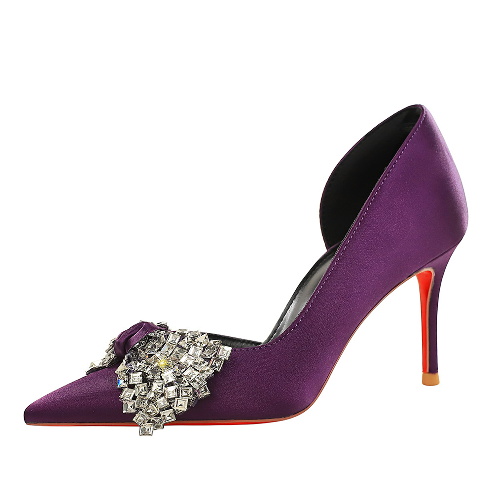 9267-AH159 European and American style fashionable silk, rhinestone bow, pointed side hollow, foot pedal, high heels, single shoe