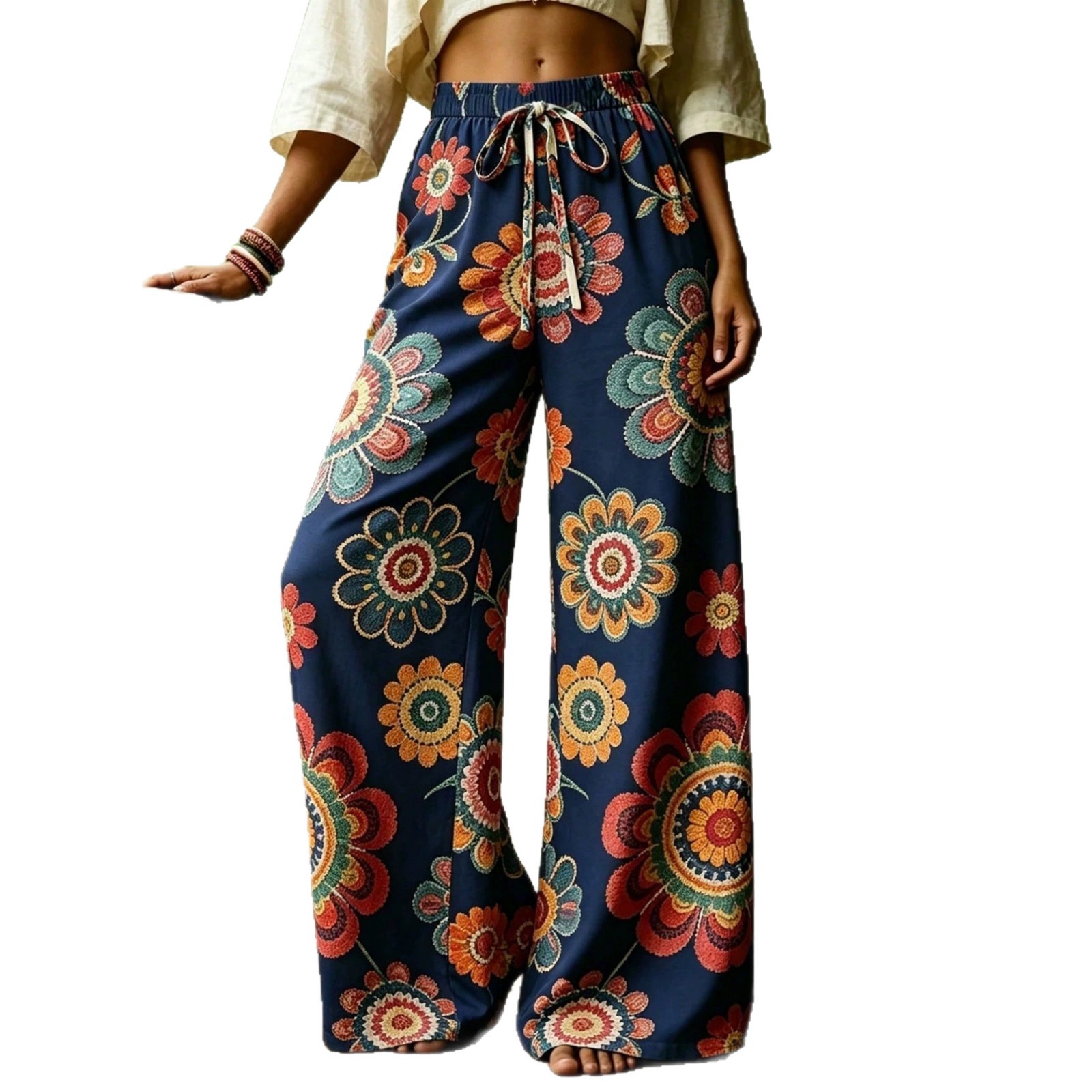 Pantalón Ancho Casual Estampado de Poliéster y Spandex Retro Ligero para Playa image 6