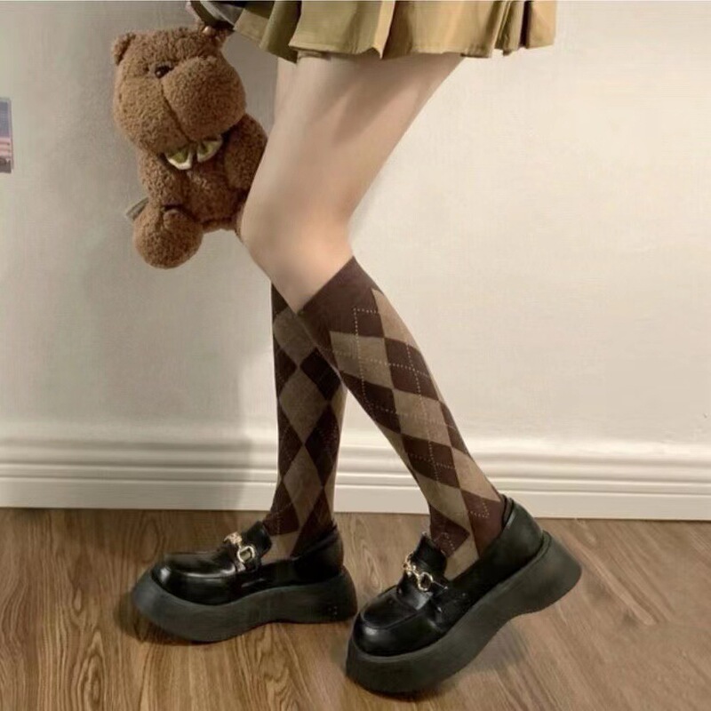 Black and White Plaid College Style JK High Stockings Rhombic Plaid Calf Socks Women's Half Knee Socks Fashionable Stitching Long Socks