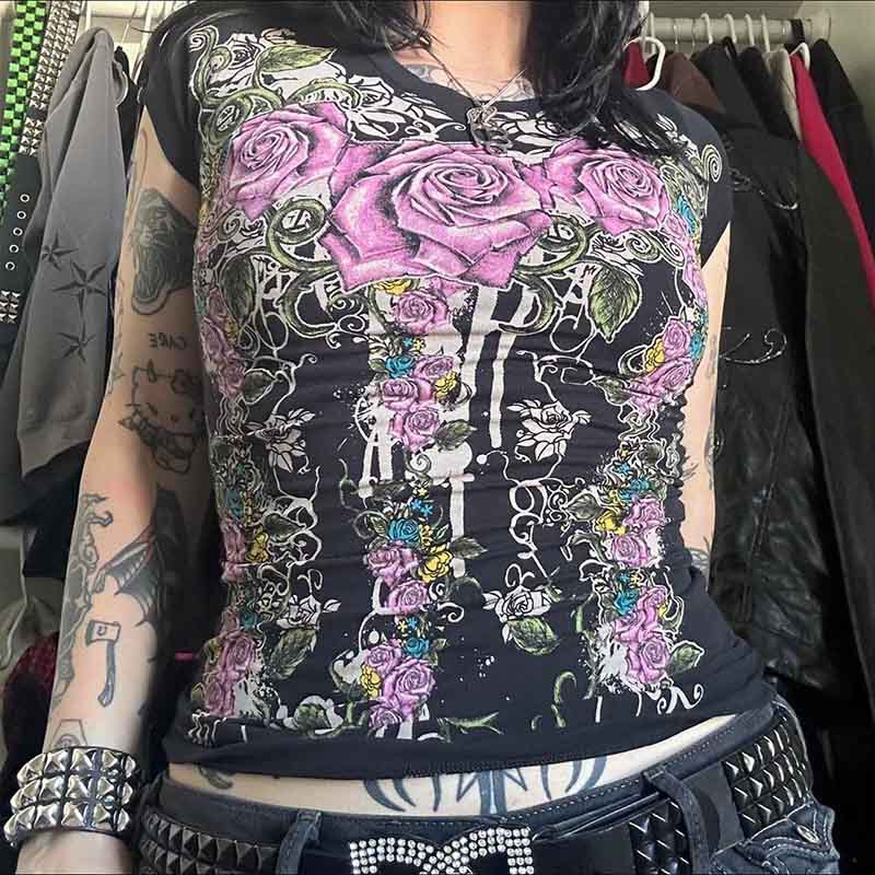 Summer Ladies Dark Gothic Skull Print Slim Short Sleeve T-Shirt Top Cross Border Wholesale EMO