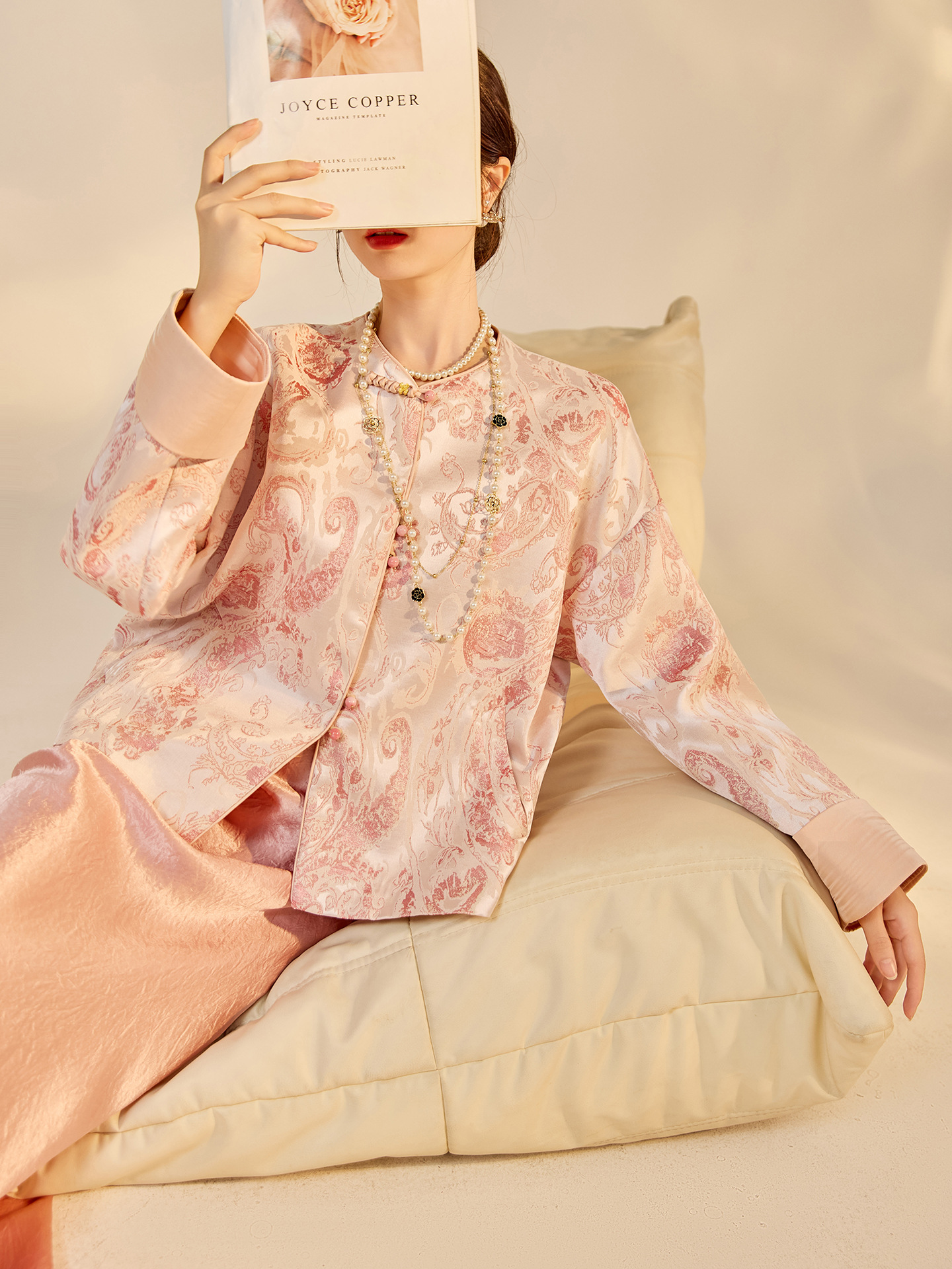 Áo khoác nữ kiểu Trung Hoa mới, chất liệu jacquard họa tiết nổi, phối khuy cài, form suông thu đông N9025 — Miju [phiên bản cotton], Hồng nhạt [phiên bản cotton], hồng nhạt, cơm cam