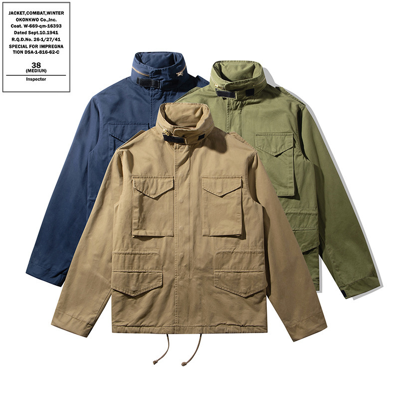 OKONKWO American Retro Tough Guy M65 Tactical Jacket Multi-Pocket Hooded Coat Coat