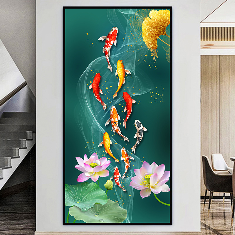 Pintura de entrada de pintura tradicional china Pintura de decoración del pasillo frente a la puerta Pasillo de nueve peces Pintura colgante de fondo de lujo ligero Pintura mural
