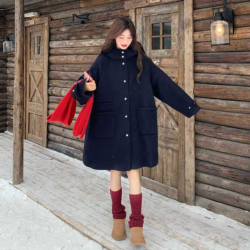 藏青色连帽宽松赫本风呢子大衣女冬新款中长款小个子加厚毛呢外套