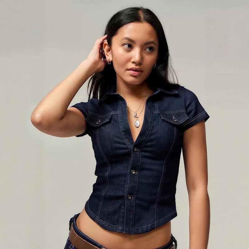 Dark Blue Faux Denim Single-Breasted Cardigan with Irregular Slim Fit, Pocket Design, and Heavy Craftsmanship Short-Sleeve Shirt