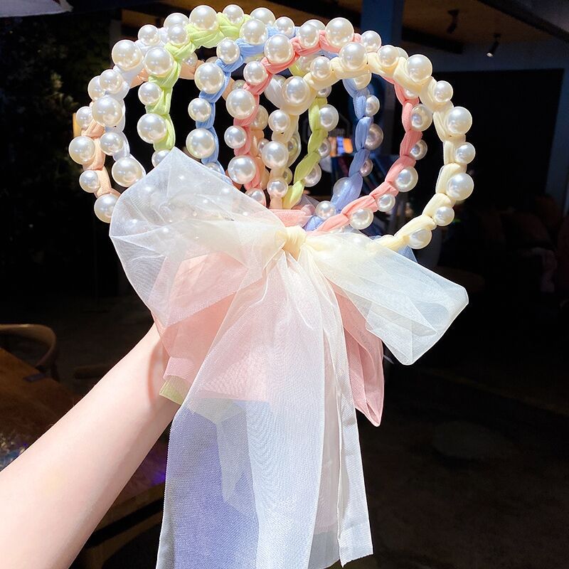 Estilo coreano niñas perla diadema Super hadas malla arco cinta princesa accesorios para el cabello atado trenza tocado niña de las flores