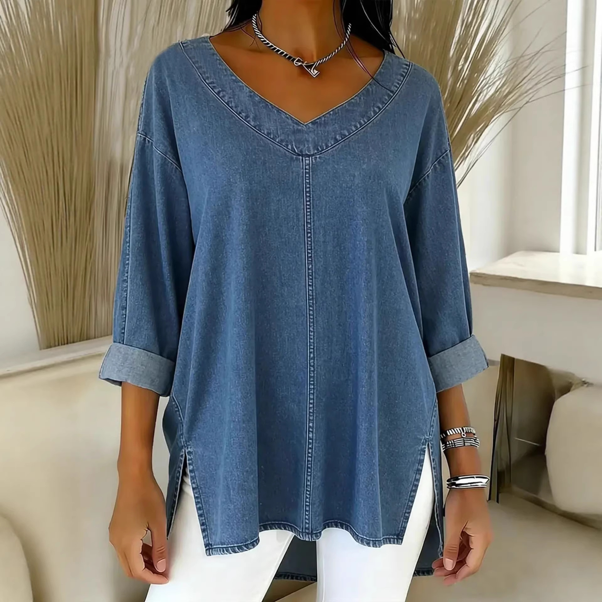 Women's Denim V Neck Top Street Fashion Spring New Arrival_ecoleips.com
