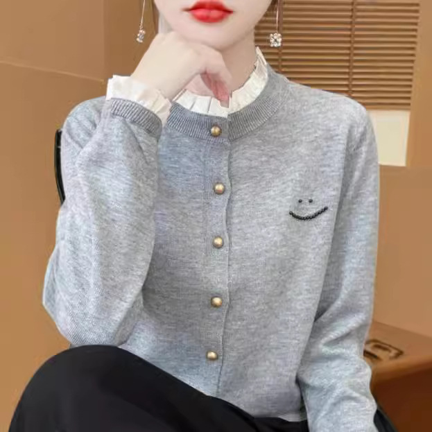 24 Autumn and Winter New Cardigan Lotus Collar Long Sleeve Knitted Jacket Top Women's Loose Fake Two-piece Cardigan Jacket Sweater