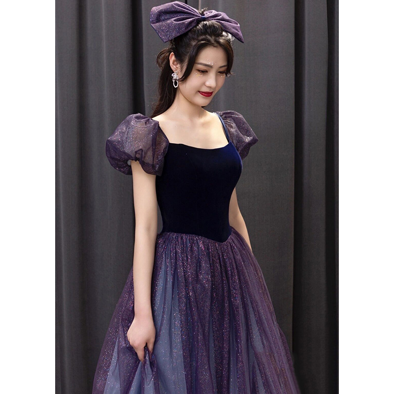 Purple Colored Yarn Evening Dress Women's New Chorus Performance Dress Elegant Light Luxury Host Annual Meeting Art Examination Long Dress Dress