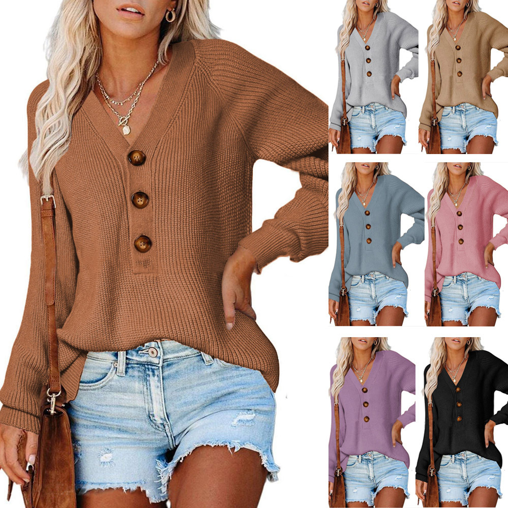 Carefully selected button women's pullover autumn and winter new style loose temperament V-neck knitted sweater_voghion.com