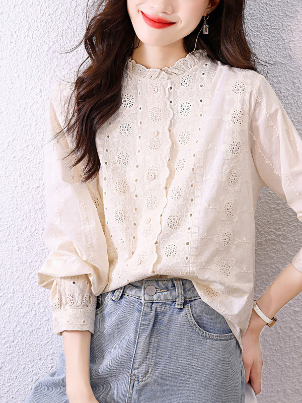 Cotton Cocoon Women's Shirt 2025 Spring New Style Lace Collar Apricot Top Long-Sleeved Embroidered Flower Shirt