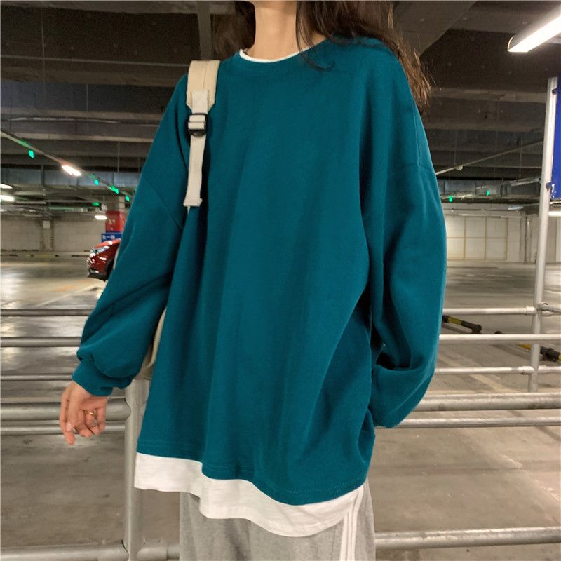 Fake two-piece sweater women's loose Harajuku lazy style early spring new Korean style student long-sleeved top