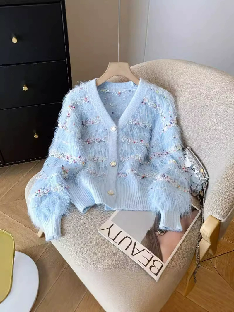 Бархатный вязаный свитер, Oversize с V-образным вырезом кардиган, искусственный мех, один размер