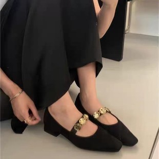 French Late Night Style Single Shoes Women's Spring and Autumn 2024 New Mid-heel Dress Metal Vintage Mary Jane Shoes