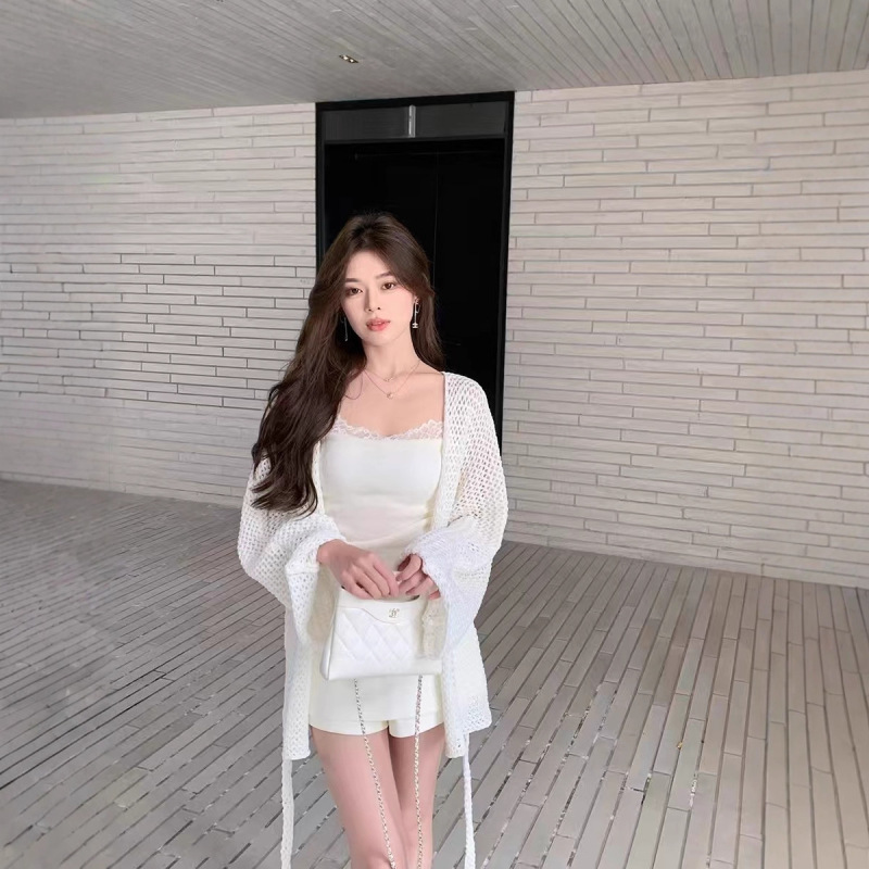 ByYou 夏季新款钩花镂空白色针织开衫外套女防晒罩衫外搭宽松上衣|undefined