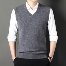 跨境350g纯羊毛加厚马甲中年爸爸装四季无袖V领针织羊毛衫背心男