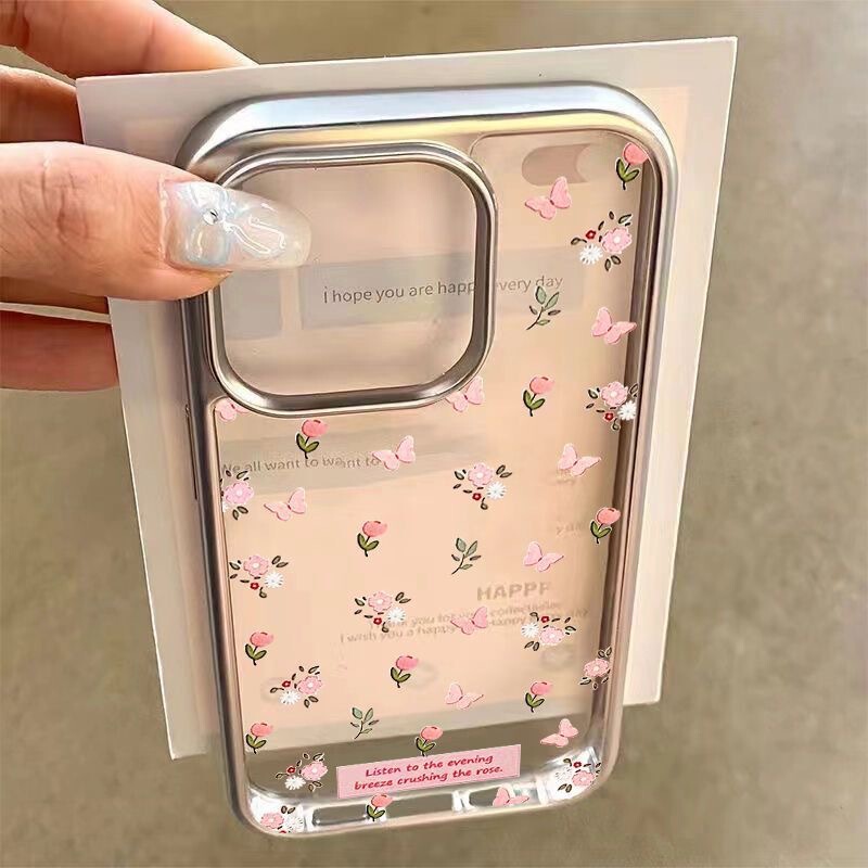 Fresh Small Floral Apple 17Promax Mobile Phone Case 16/15Pro Electroplating 13/12/X Anti-Fall Pink Tulip