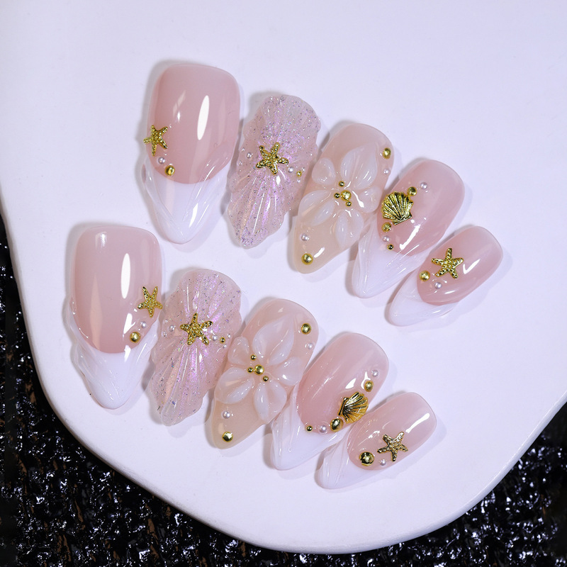 Purely Handmade High-End Wearable Nails Wholesale, French Nude Pink Almond Nail Tips, Starfish Shell Style, High-End Handmade Nail Pieces Purely Handmade High-End Wearable Nails Wholesale, French Nude Pink Almond Nail Tips, Starfish Shell Style, High-End Handmade Nail Pieces