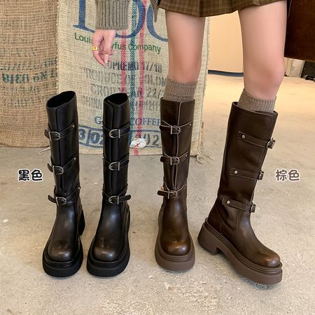 Long Leg Gril Round Head Thick Bottom Maillard Style Button Boots 2024 Winter New Fashion Korean Knight Boots Long Boots