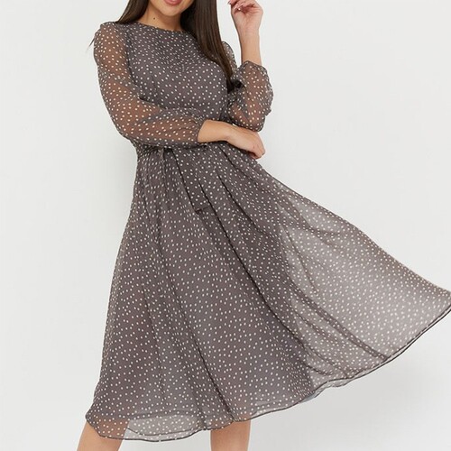 Chiffon Summer Dress with Long Sleeve, Coffee and Black Polka Dot Formal Gown