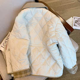 翻领灯芯绒菱格夹棉棉服外套女2025秋冬新款设计感复古夹克