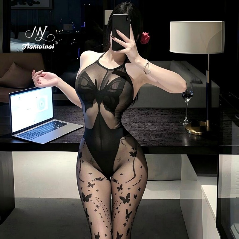 Sexy lingerie, butterfly halter neck, open-crotch design, no need to remove, alluring bodysuit, sheer and seductive, plus-size, sensual and playful lingerie