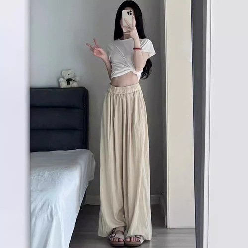 Ice silk wide-leg pants for women, summer thin model high-waisted drape casual Japanese lazy mountain pants cotton feel straight-leg pants