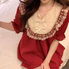 2025韩版春季甜美公主风刺绣蕾丝花边宽松软棉短袖家居服睡衣套装