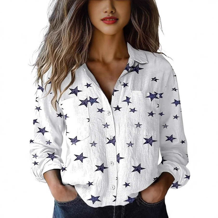 Трансграничная амазонка трансграничная весна-лето новый 3D цифровой принт леди мода плюс размер с отворотом рубашка с длинными рукавами