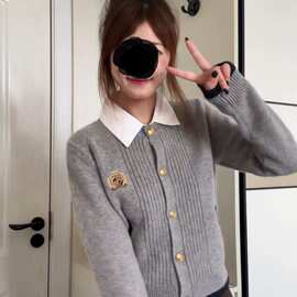 韩系假两件翻领针织开衫女2026秋季新款韩系慵懒高级感毛衣外套女