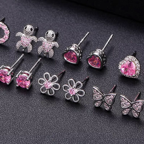 Elegant Pink Diamond Accents Earrings, Simple Pearl Earrings, New Small Stud Earrings with Diamond Accents, Pierced Jewelry