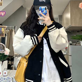 vintage棒球服女春秋薄款韩版宽松学生百搭拼接刺绣夹克外套ins潮