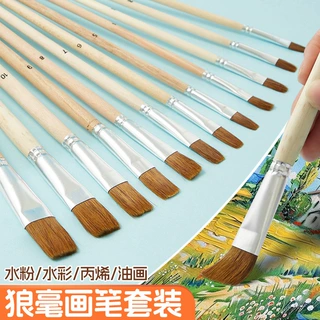 长杆12支套装水粉笔原木杆狼毫平头油画笔丙烯笔单支水粉厂家批发