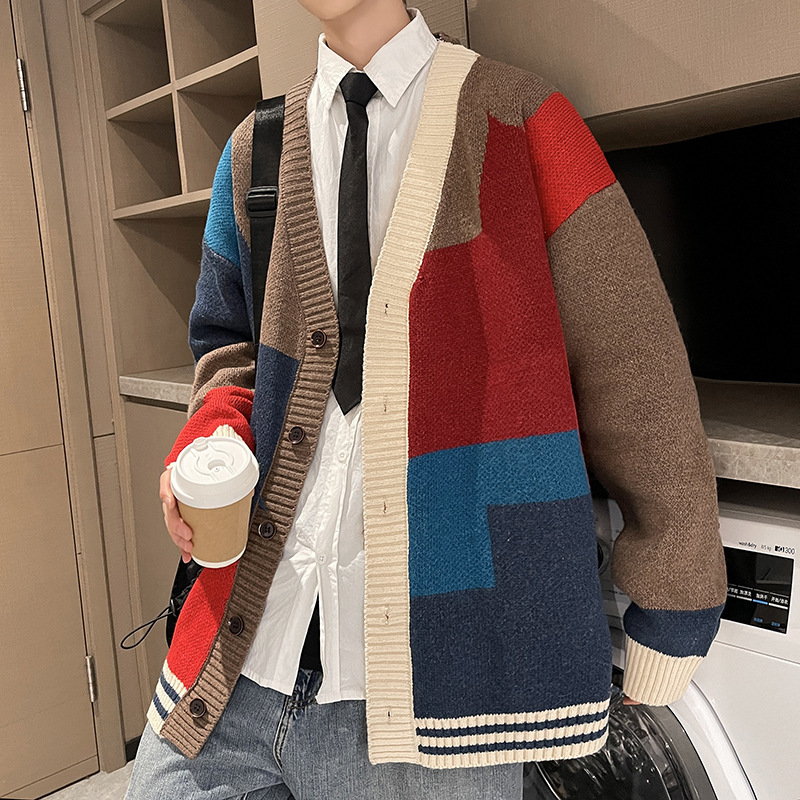 Contrast Color V-Neck Sweater for Men and Women in Autumn and Winter Loose Trendy Brand Youth Knitted Cardigan Jacket Men's High-End Design