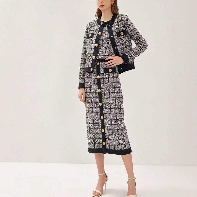 French 2026 autumn new collection: color-blocked, round-neck, gold-button, plaid, single-breasted knitted cardigan + vest + skirt