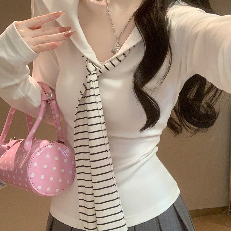 学院风白色海军领假两件长袖t恤女早秋修身miu系条纹领带v领上衣|undefined
