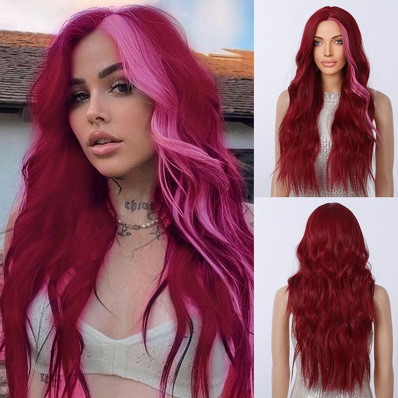 European and American fashion pink long curly hair wine red pick pink synthetic mechanism wig big wave whole top wig hairstyle